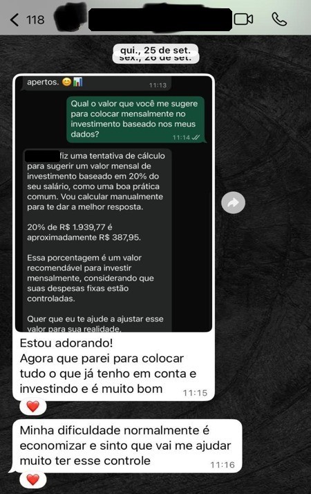 Print de conversa no WhatsApp em que Mariana conta como está sendo usar o MeuMoney